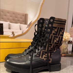 Fendi Black and Brown Logo Combat Boots